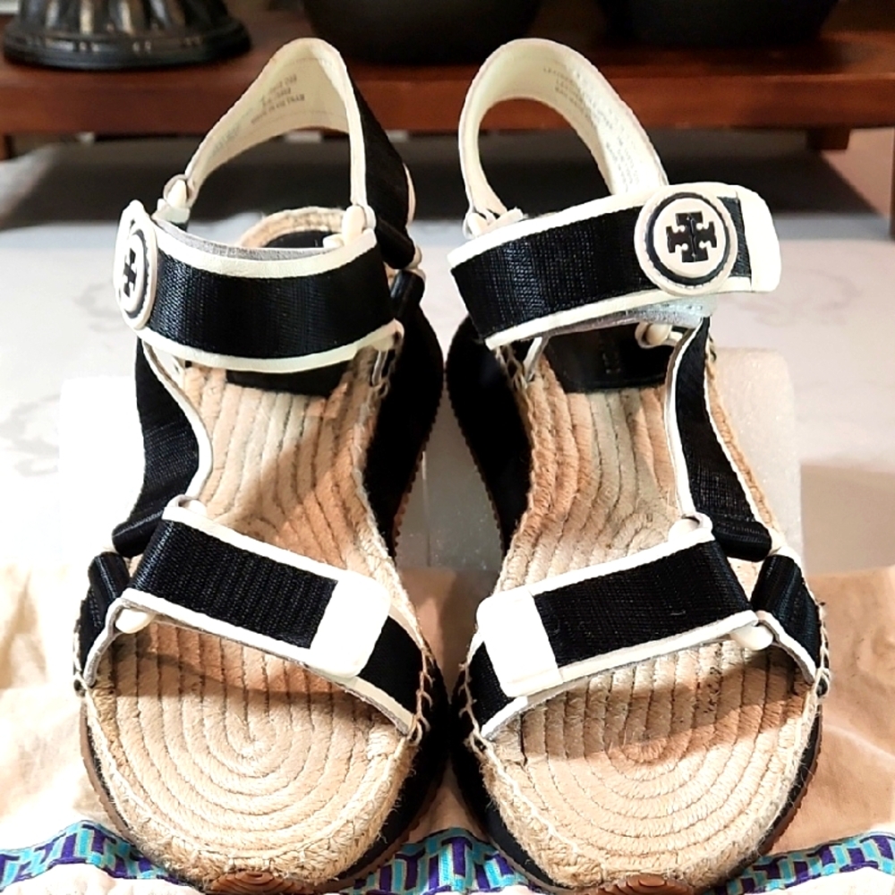 Tory Burch Black and White Espadrilles with Adjustable Straps